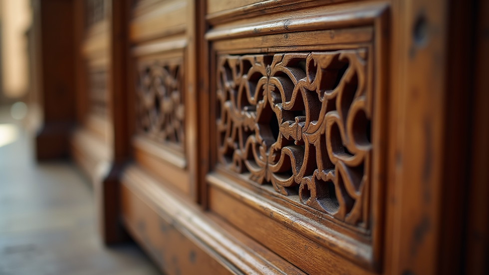 Eye-level view of a wooden almirah with intricate carvings