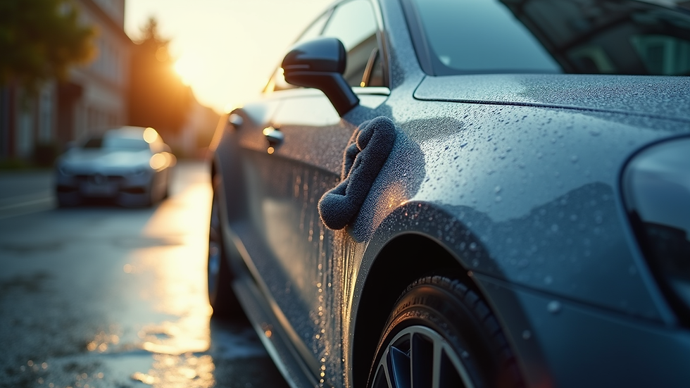 Eye-level view of a luxury car being hand-washed with microfiber mitt
