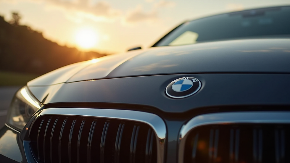 Close-up view of a luxury car’s glossy hood reflecting sunlight