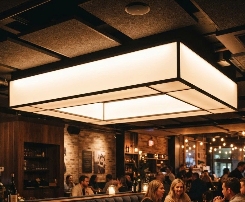 creaza poza pentru categoria _ Iluminat interior  intrun restaurant cu light box cu fon al