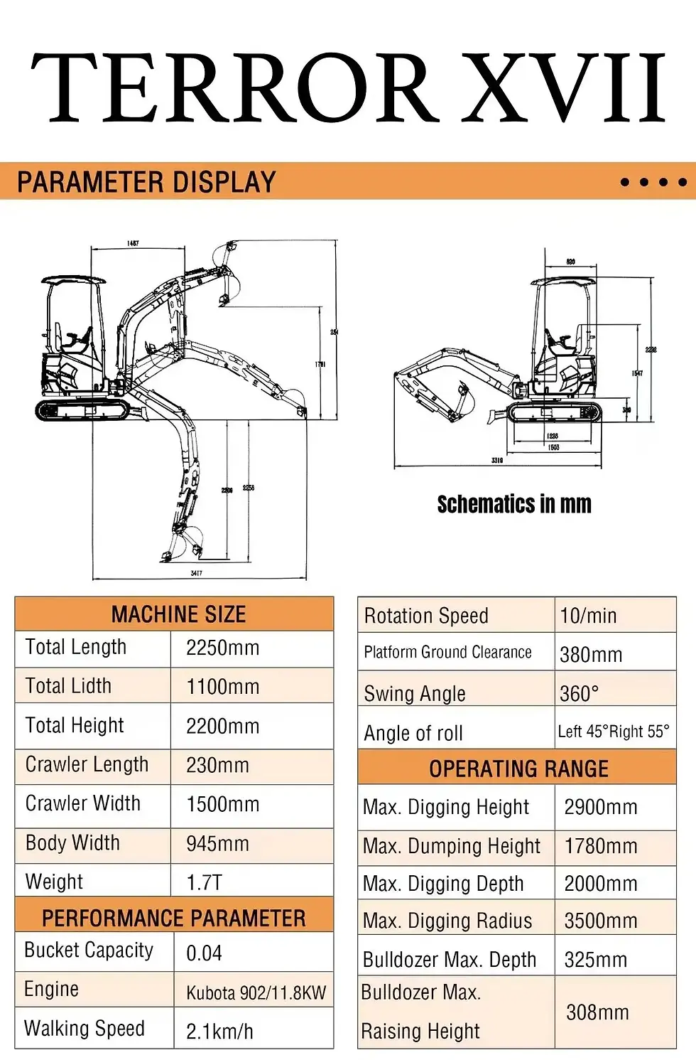 Thumbnail: 3800 lb TYPHON TERROR XVII Mini Excavator Rubber Track with Kubota D902 Diesel