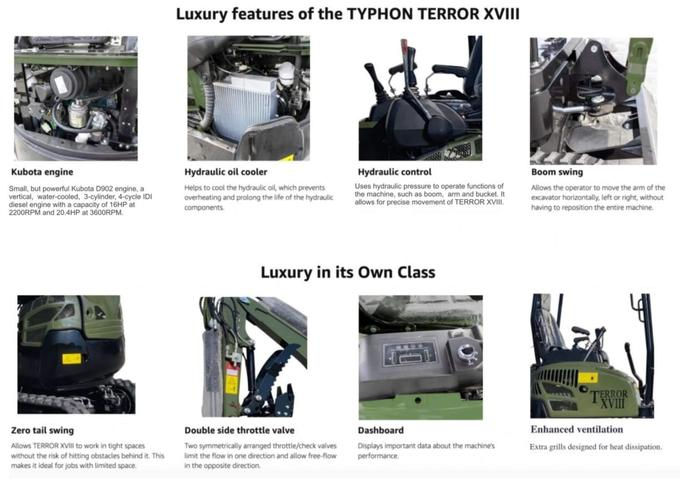 Thumbnail: Green TYPHON TERROR XVIII Prestige 2 Ton Mini Excavator KUBOTA Diesel Engine USA