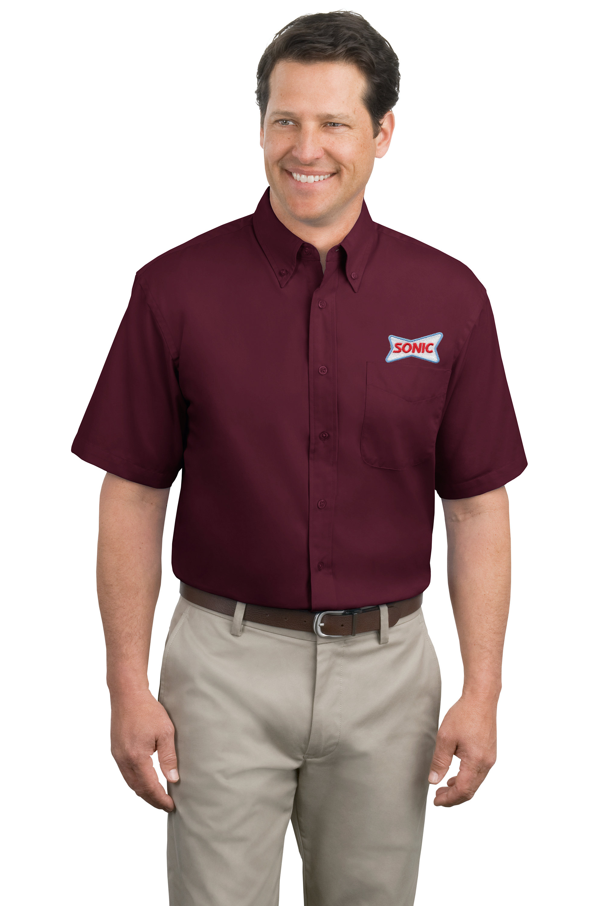 khaki pants burgundy shirt