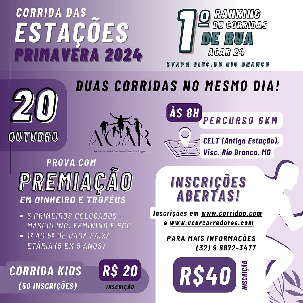 Corrida das Estações PRIMAVERA 2024 e 1º Rakking de Corridas de Rua ACAR 24 - Estapa Visc. Rio Branco - MG
