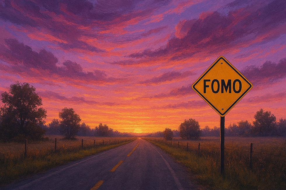 A FOMO road sign stands beside a dramatic sunset highway, symbolizing the fear of missing out on life's choices.