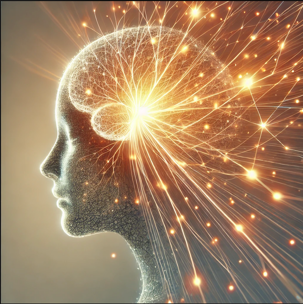Glowing neural connections radiating from the brain of a human profile, representing a mind wired for growth