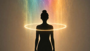 Silhouette of a woman with a glowing hula hoop resting at her chest and colorful light rising above her head, symbolizing the process of processing an emotion