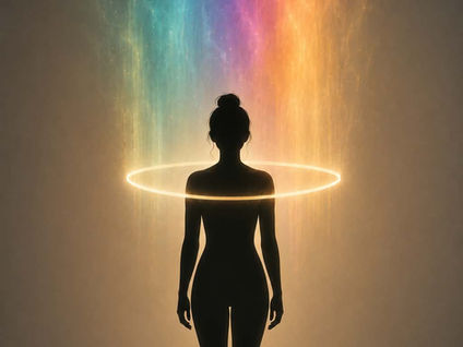 Silhouette of a woman with a glowing hula hoop resting at her chest and colorful light rising above her head, symbolizing the process of processing an emotion