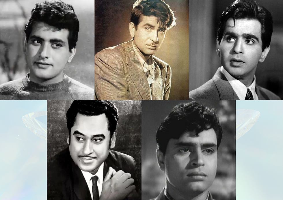 Top row L to R: Manoj Kumar (Pushya Sun), Raj Kapoor (Pushya Moon), Dilip Kumar (Pushya Ascendant); Bottom row L to R: Kishore Kumar (Pushya Moon), Rajendra Kumar (Pushya Sun)
