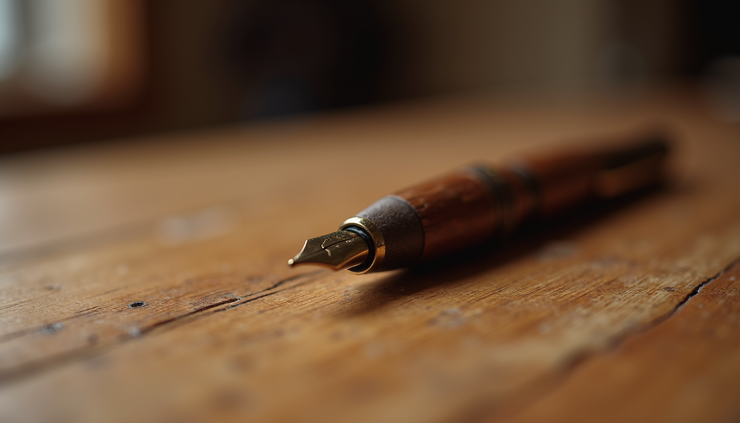 Close-up view of a handcrafted pen made from aged historic wood resting on a wooden table