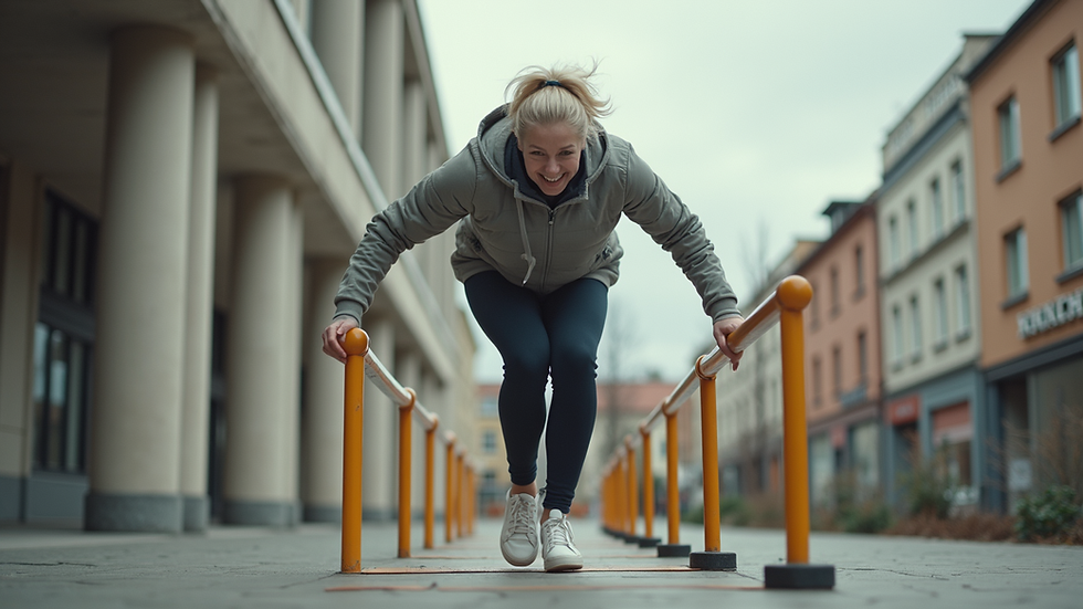 Eye-level view of a senior woman stepping over a low parkour obstacle