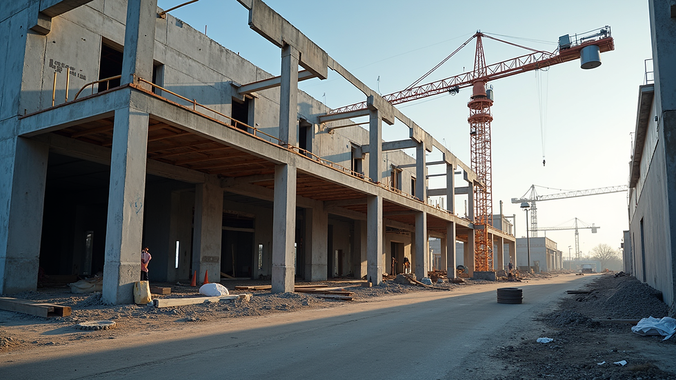 Eye-level view of a steel building under construction