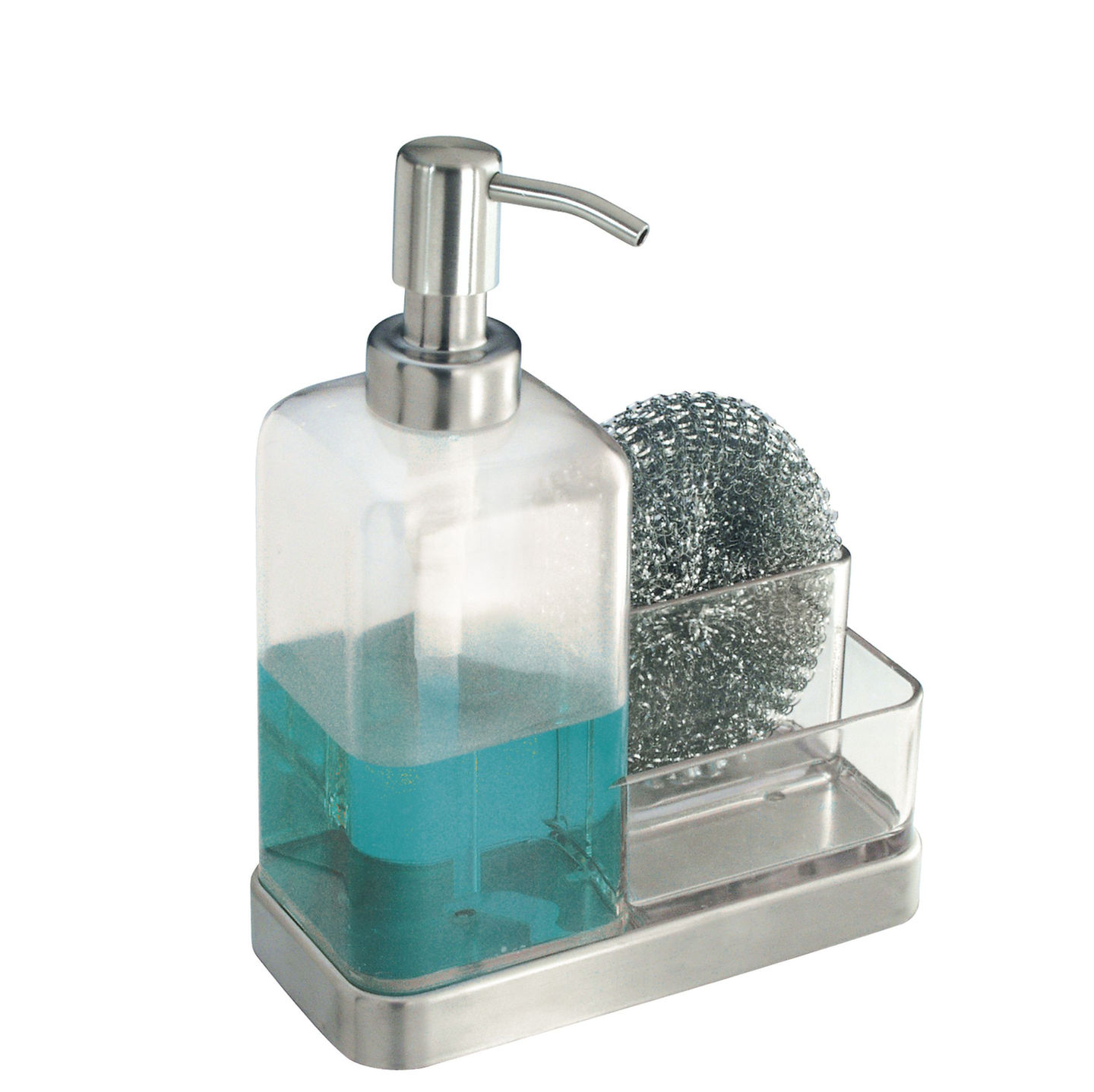 Gootsteen organizer met zeeppompje gevuld met blauwe zeep en grijs schuursponsje in het kunststof bakje