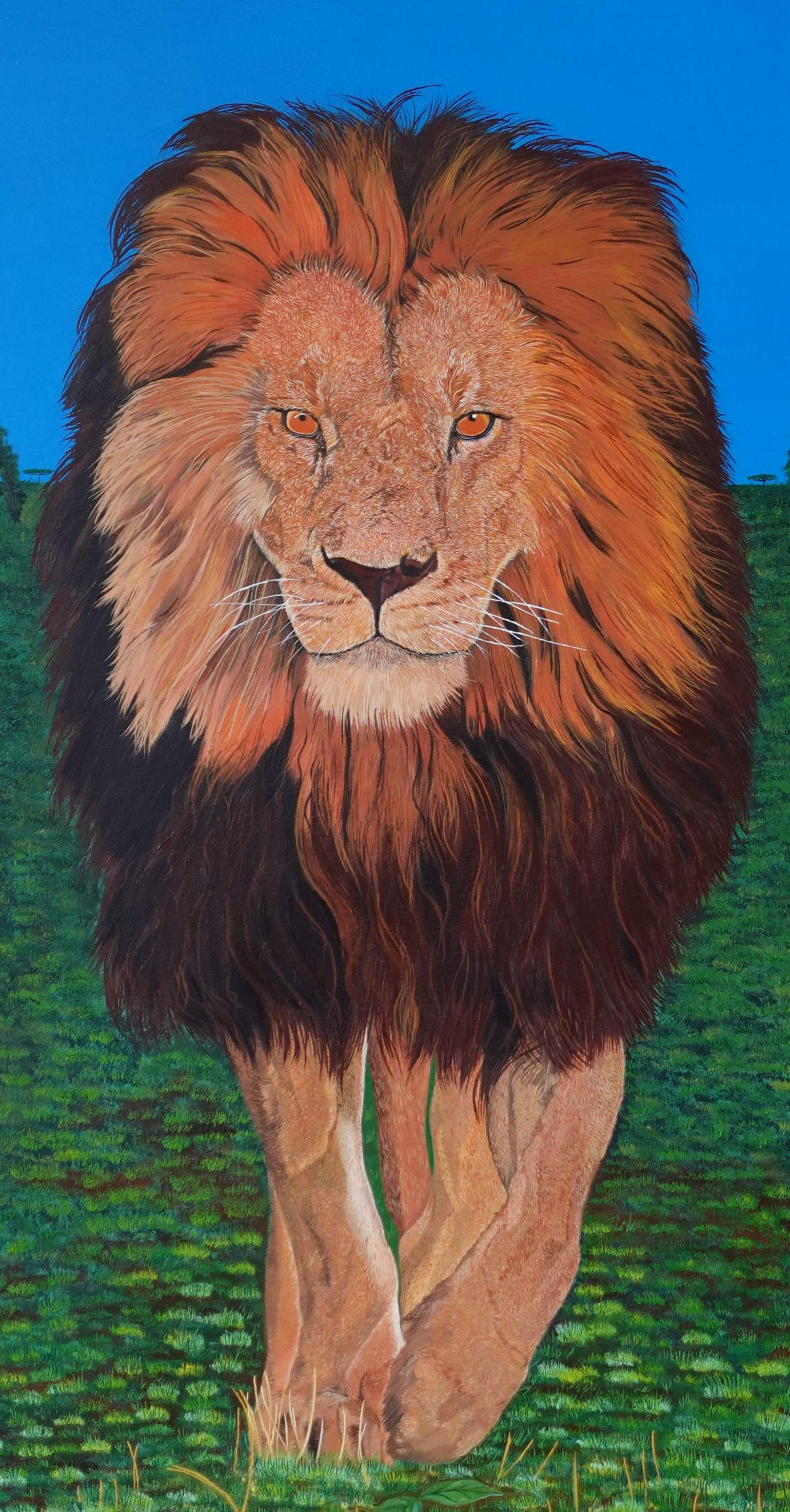 Peinture à l’huile originale sur toile représentant un lion majestueux marchant dans la savane.