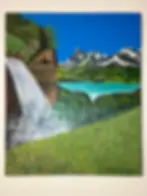 Peinture à l’huile paysage suisse,cascade, montagnes enneigées, lac turquoise, prairie fleurie