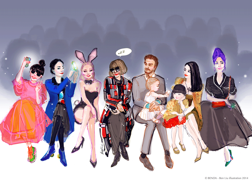 Ben Liu, illustration, fashion, art, magazine, l'Officiel, drawing, fashion week, front row, Anna Wintour, Faye Wong, Susie Bubble, Kate Moss, David Beckam
