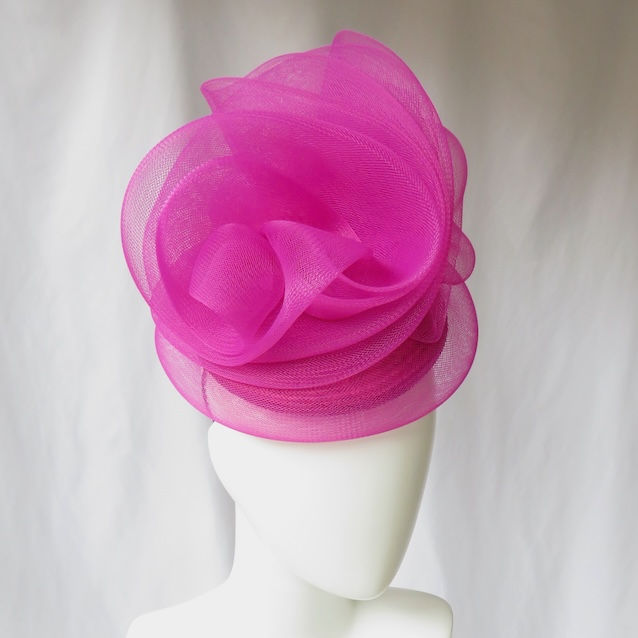 Magenta Pink Crinoline Swirl Buntal Button Beret Hat by Catherine Storm Millinery front view 2