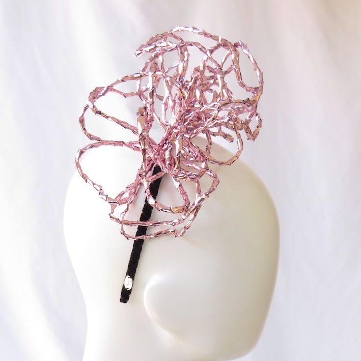 Pale Light Pink Metallic Wirework Roses Headband Headpiece by Catherine Storm Millinery view 2
