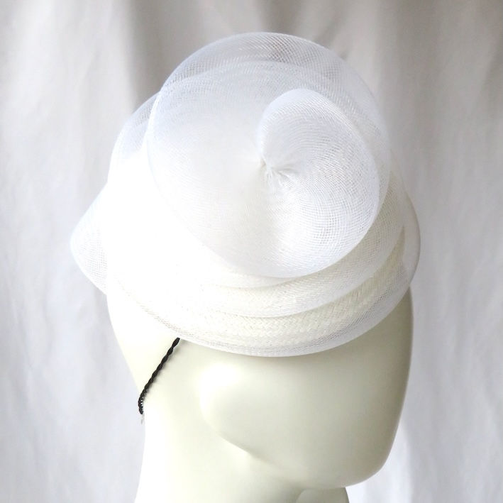White Crinoline Swirl Buntal Button Beret by Catherine Storm Millinery right view
