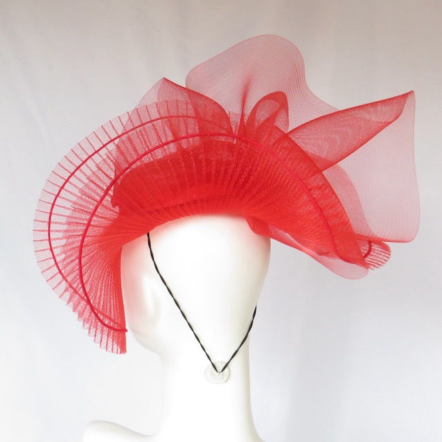 Bright Cherry Red Crinoline Big Brim Hat Headpiece by Catherine Storm back view