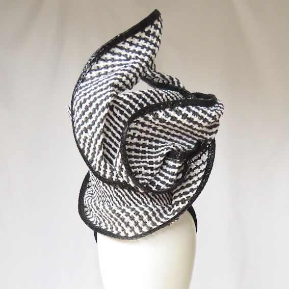 Thumbnail: Black and White Mini Top Hat Headpiece by Catherine Storm Millinery front view 3