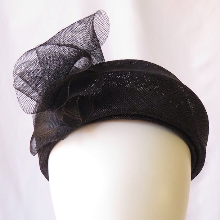Black Sinamay Headband Headpiece by Catherine Storm Millinery front view