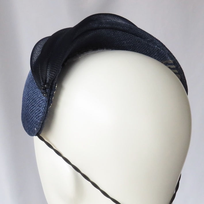 Thumbnail: Navy Blue Crinoline Slimline Headband Headpiece by Catherine Storm Millinery back view