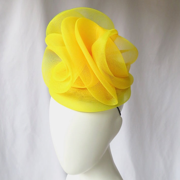 Yellow Crinoline Swirl Buntal Button Beret Hat by Catherine Storm Millinery front view