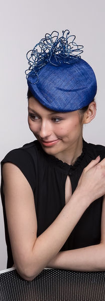 Cobalt blue percher headpiece by Melbourne milliner Catherine Storm with metallic wire trim.