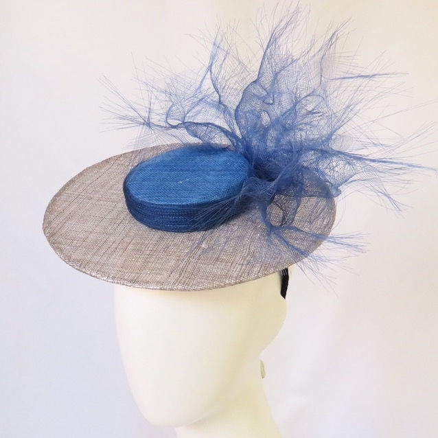Blue and Silver Mini Boater Hat by Catherine Storm Millinery left view
