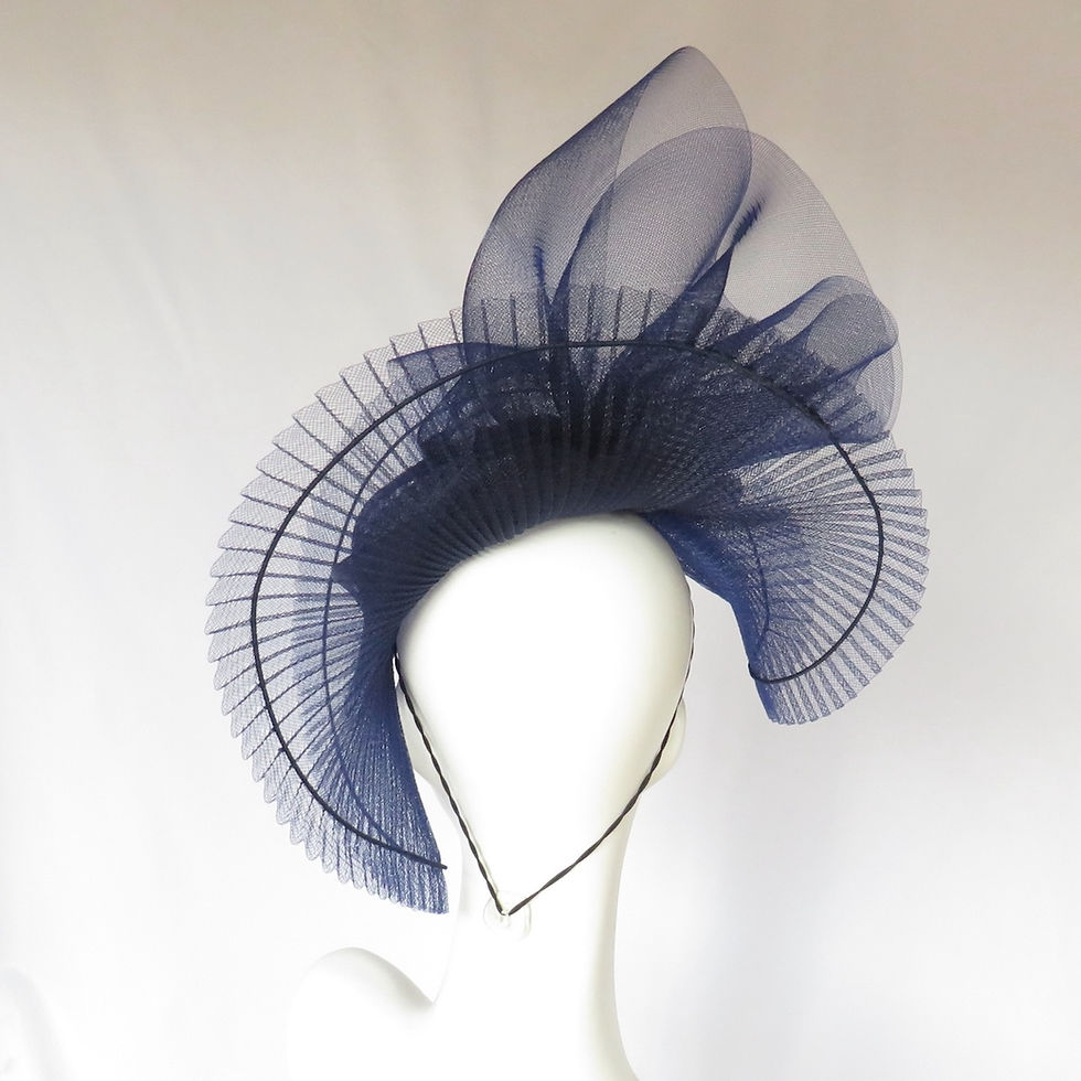Thumbnail: Navy blue crinoline brim hat by Catherine Storm, Melbourne milliner – sculptural racewear headpiece view 4