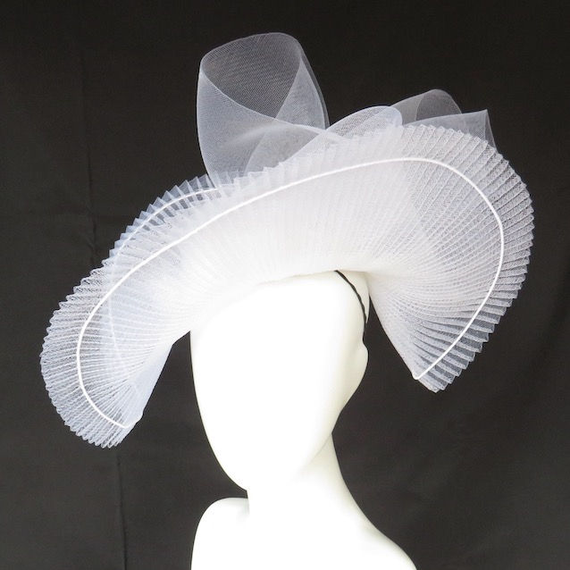 Thumbnail: White crinoline brim hat by Catherine Storm, Melbourne milliner – sculptural racewear headpiece view 3