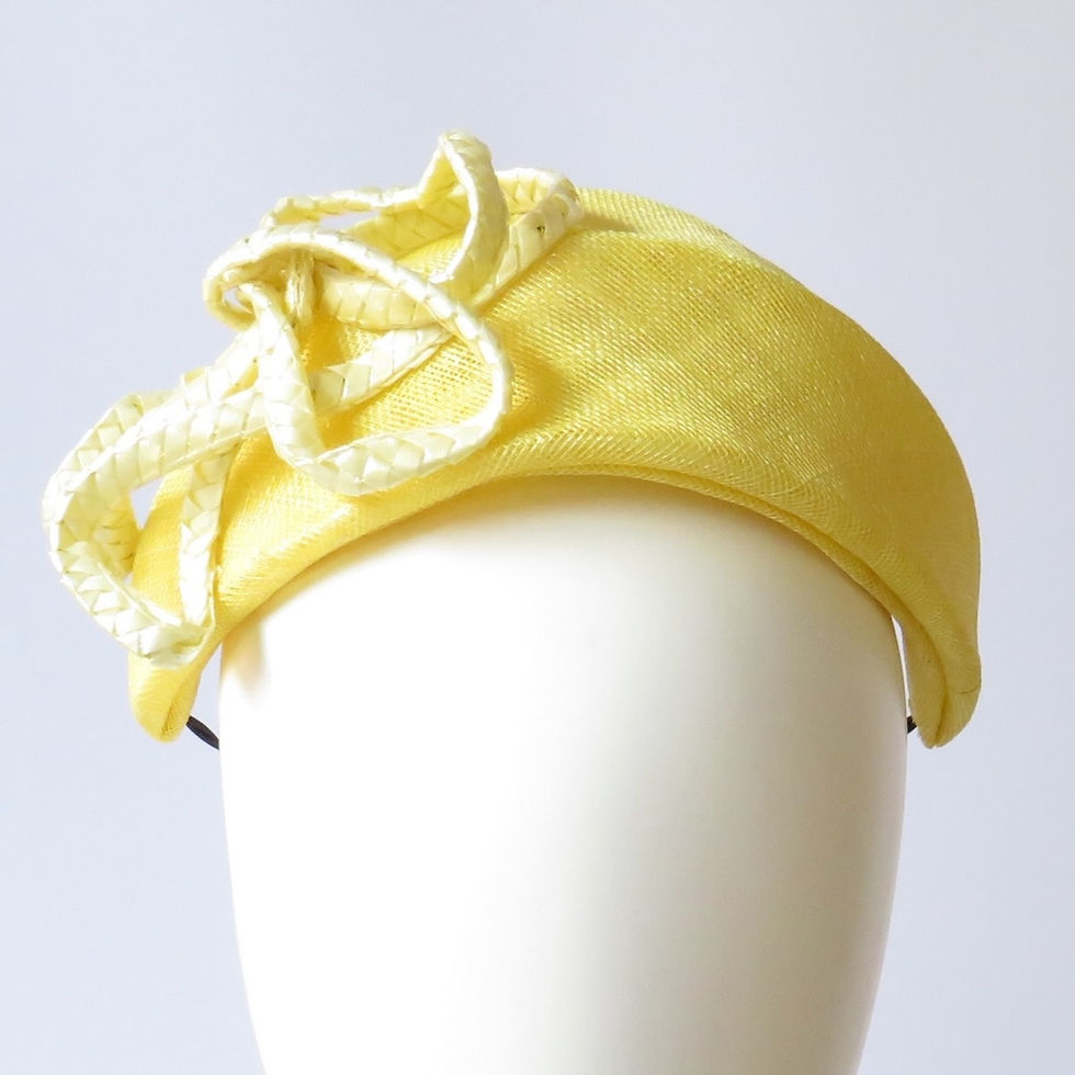 Lemon yellow Ascot headband by Melbourne milliner Catherine Storm view 1