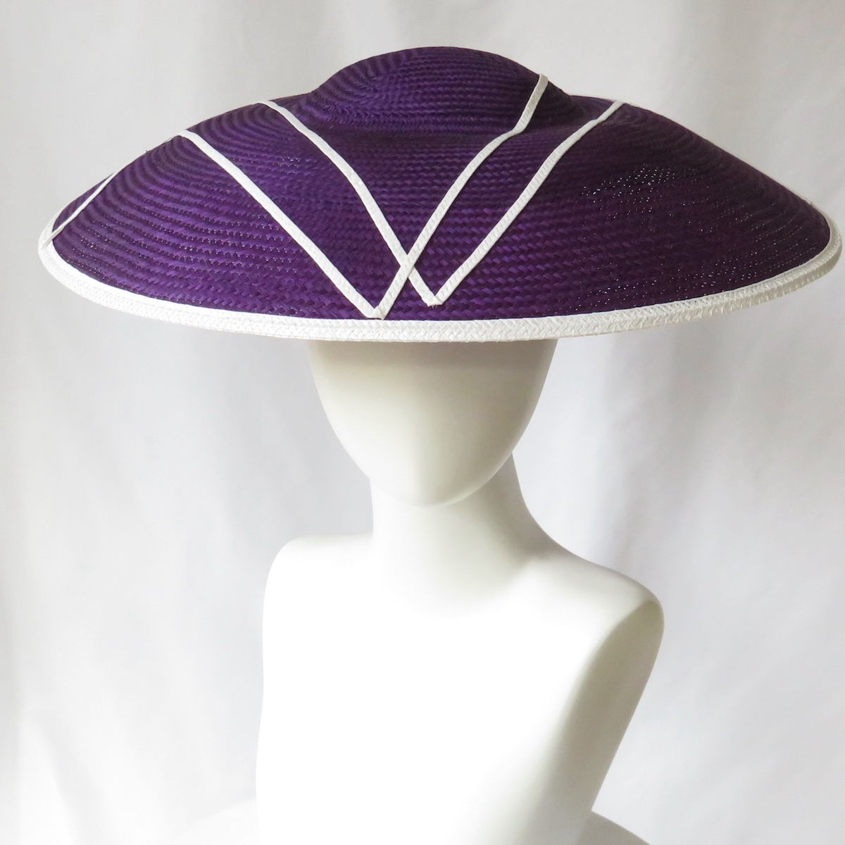 Dark Purple Dior Brim Hat with White Trim by Catherine Storm Melbourne milliner – wide brim racewear headpiece view 1