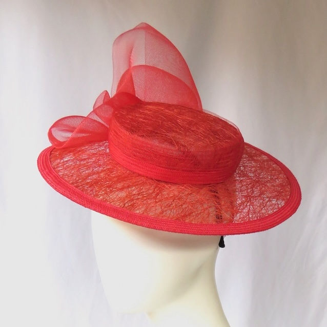 Bright Red Boater Hat by Catherine Storm Millinery left view