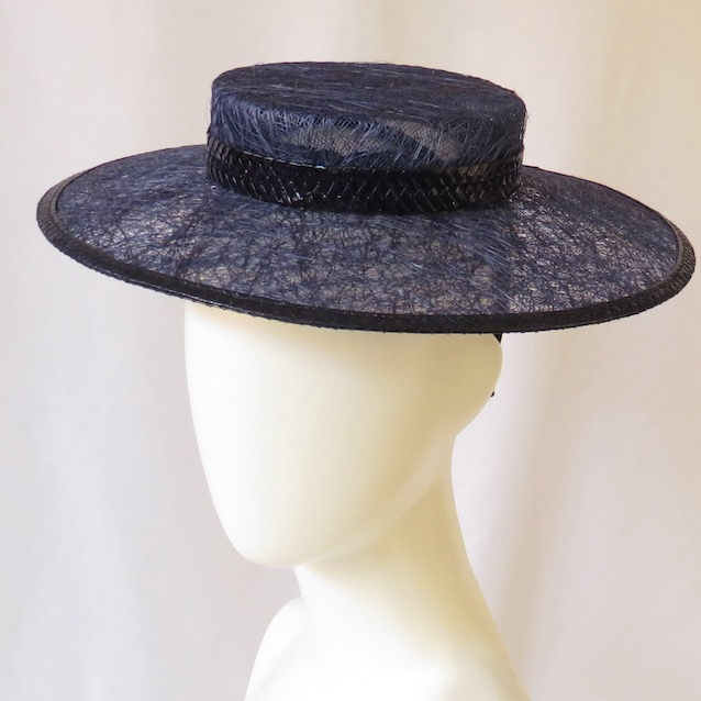 Navy blue boater hat by Catherine Storm left view