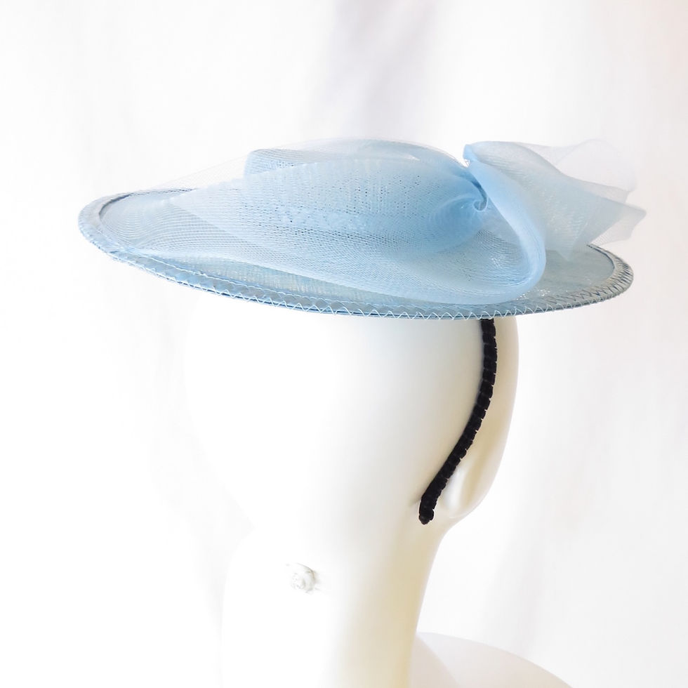 Thumbnail: Pale Blue Baby Blue Mini Boater Hat by Catherine Storm Millinery view 5