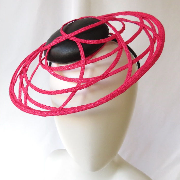 Black Leather and Pink Wire Mini Boater Hat by Catherine Storm front view