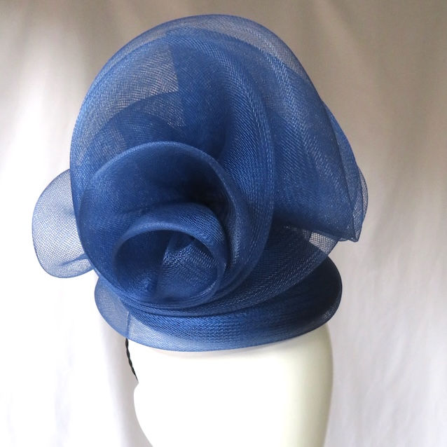 Blue Crinoline Swirl Buntal Button Beret Hat by Catherine Storm Millinery front view 2