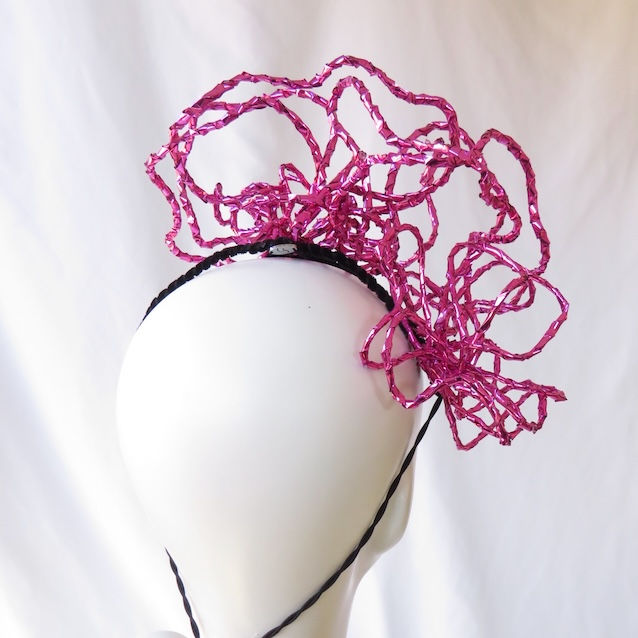 Thumbnail: Hot Pink Metallic Wirework Roses Headband Headpiece by Catherine Storm Millinery view 5