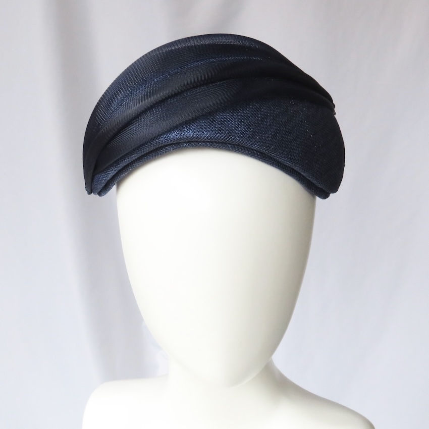 Thumbnail: Navy Blue Crinoline Slimline Headband Headpiece by Catherine Storm Millinery front view 2