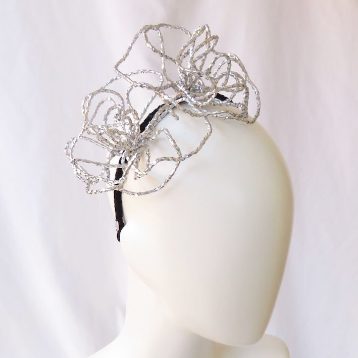 Silver Two Metallic Wirework Roses Headband Headpiece by Catherine Storm Millinery view 2