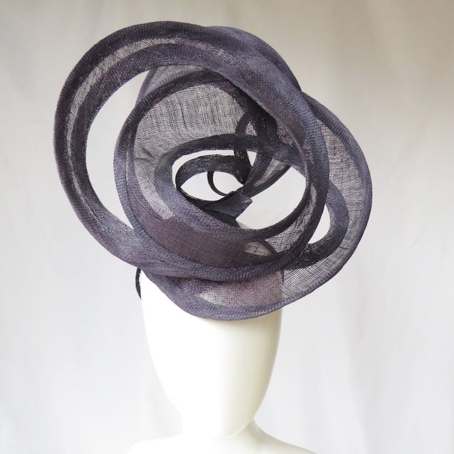 Navy Blue Swirls Headpiece by Catherine Storm Millinery front view