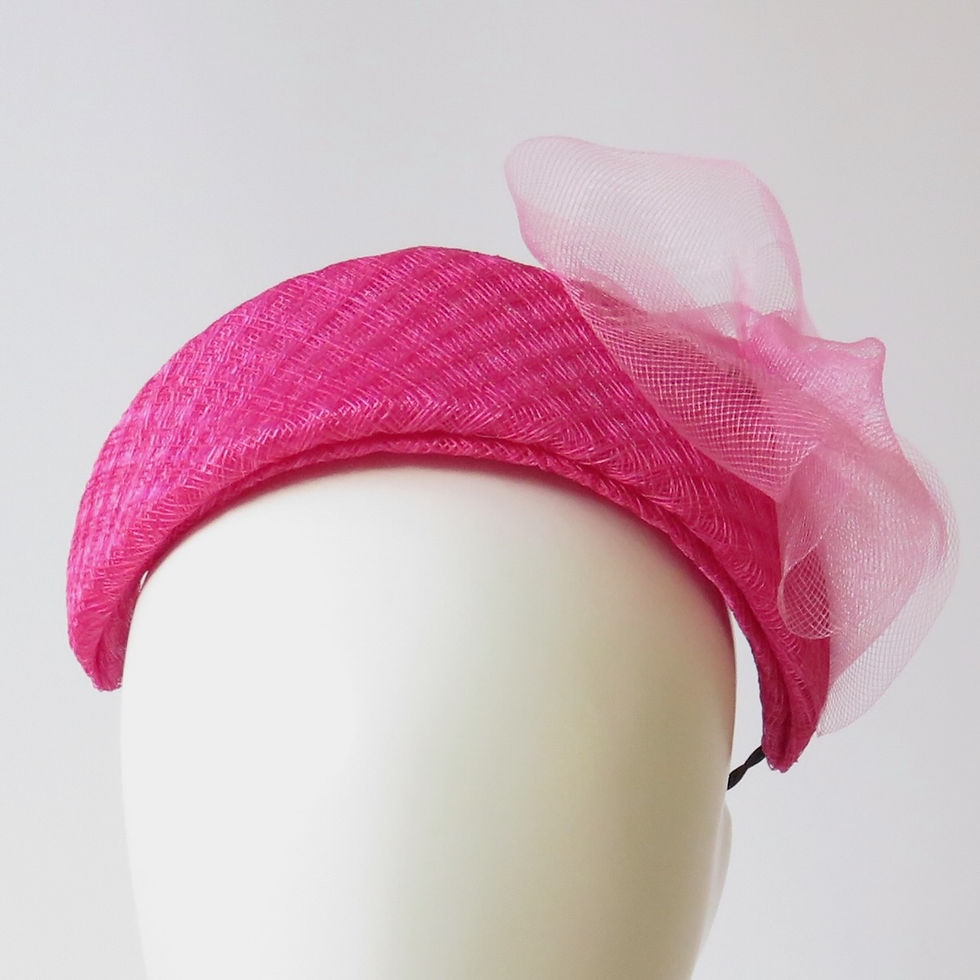 Bright pink Ascot headband by Melbourne milliner Catherine Storm view 1