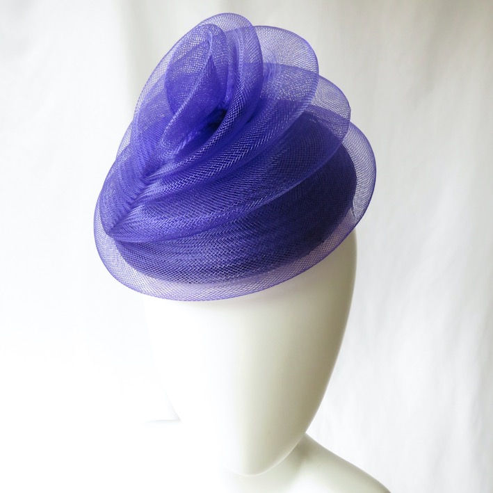 Purple Crinoline Swirl Buntal Button Beret by Catherine Storm Millinery front view