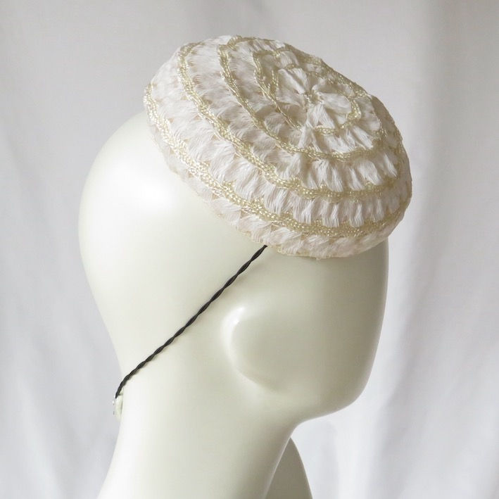 Cream Winter White Vintage Braid Button by Catherine Storm Millinery right view