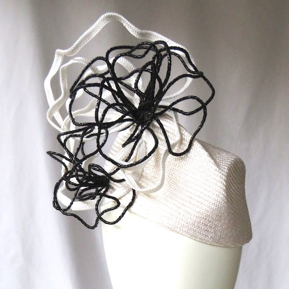 Black and White Percher Hat with Roses by Catherine Storm Millinery front view