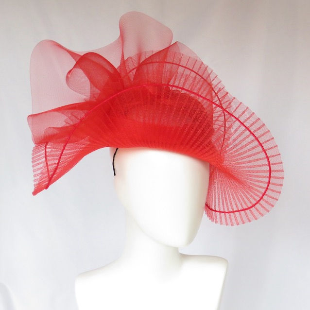 Bright Cherry Red Crinoline Big Brim Hat Headpiece by Catherine Storm right view