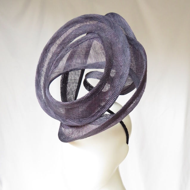 Navy Blue Swirls Headpiece by Catherine Storm Millinery left view