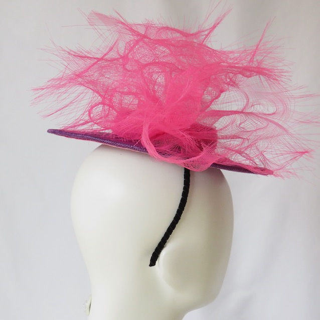Thumbnail: Purple and Pink Mini Boater Hat by Catherine Storm, Melbourne milliner  side view